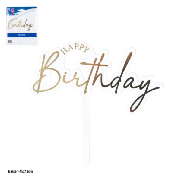 Topper za tortu Happy birthday, Prozirni sa zlatnim